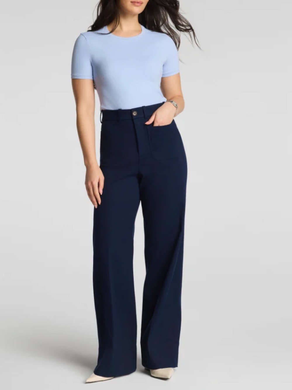 Spanx Super Smooth Stretch Twill Wide Leg Pants Timeless Navy Blue L Petite